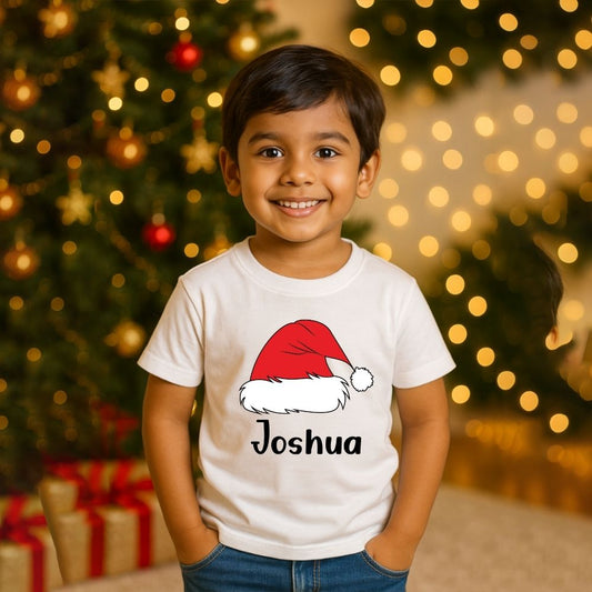 Personalized Kids' Santa Hat Christmas T-Shirt - Custom Name Holiday Tee