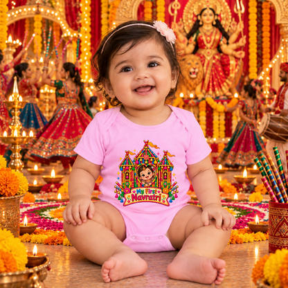 My First Navratri Baby Girl Pink Romper | Colorful Festive Palace Design