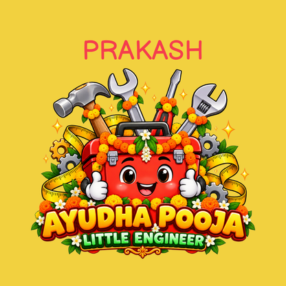 Personalized Ayudha Pooja Little Engineer Kids T-Shirt with Name | Yellow Festive Tee