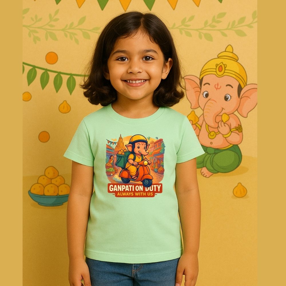 Mintgreen t-shirt with a cartoon Ganesha Riding Scooter for delivering Modaks