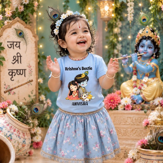 Krishna’s Bestie Personalized Janmashtami Girls Round Neck T-Shirt – Custom Name