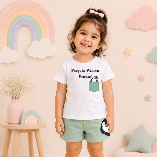 Personalized Penguin Kids Co-Ord Set | Custom Name Cotton T-Shirt & Shorts for Boys & Girls