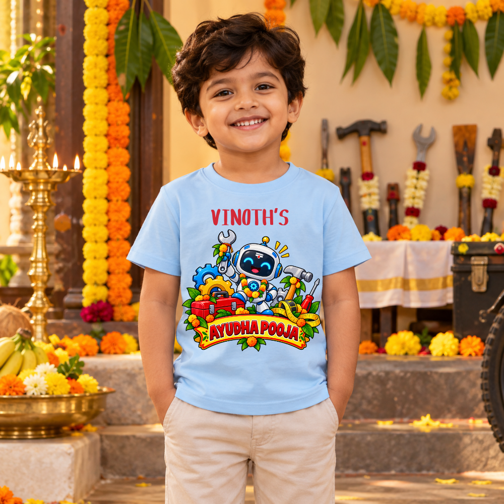 Personalized Ayudha Pooja Kids T-Shirt with Name | Cute Robot Design in Pastel Blue