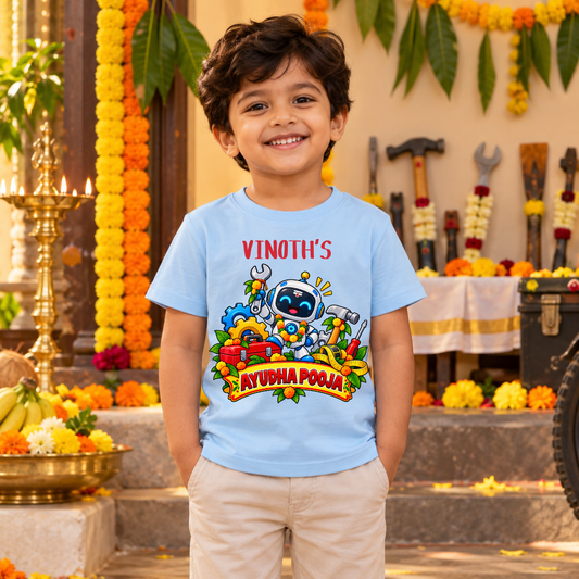 Personalized Ayudha Pooja Kids T-Shirt with Name | Cute Robot Design in Pastel Blue