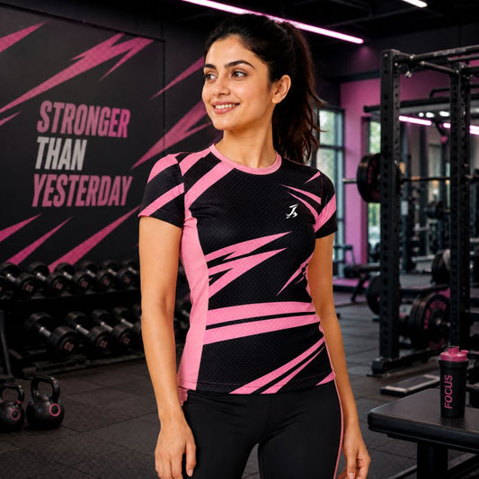 Women's Premium Active Wear Gym T-Shirt | Black & Pink Workout Sports Tee