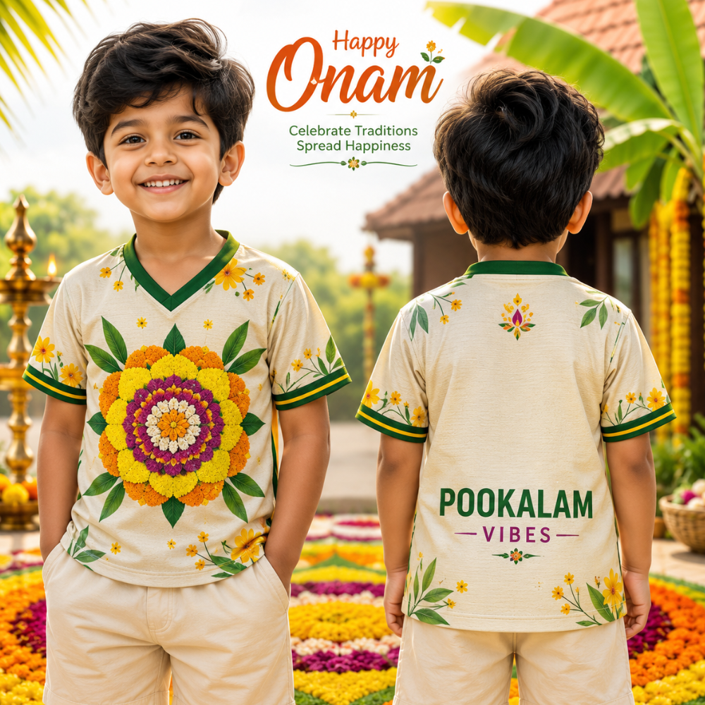 Pookalam Vibes Kids Onam Jersey T-Shirt – Floral Kerala Festival Wear