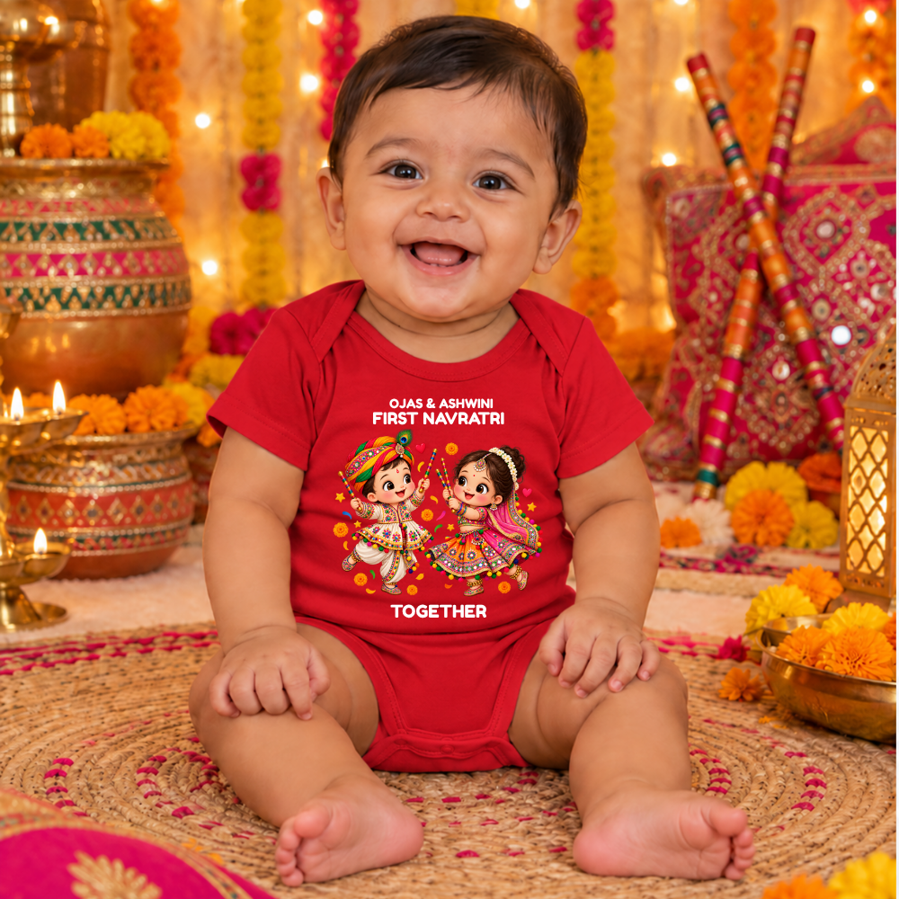 Personalized First Navratri Together Baby Romper | Red Dandiya Design