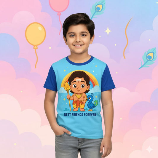 "Best Friends Forever" playful cartoon of Lord Murugan and peacock