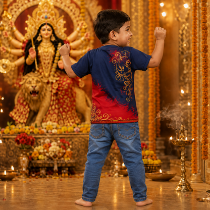 Kids Durga Puja Jersey T-Shirt | Maa Durga Printed Festival Tee for Boys