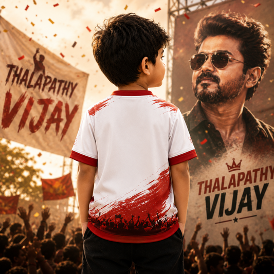 Thalapathy Vijay Kids Fan Jersey | Premium White & Red Half Sleeve T-Shirt for Boys