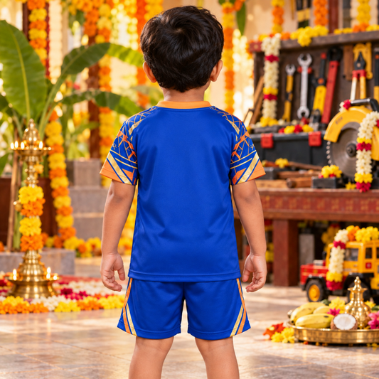 Ayudha Pooja Kids Jersey and Shorts Set | Blue Festive Tools Print Outfit
