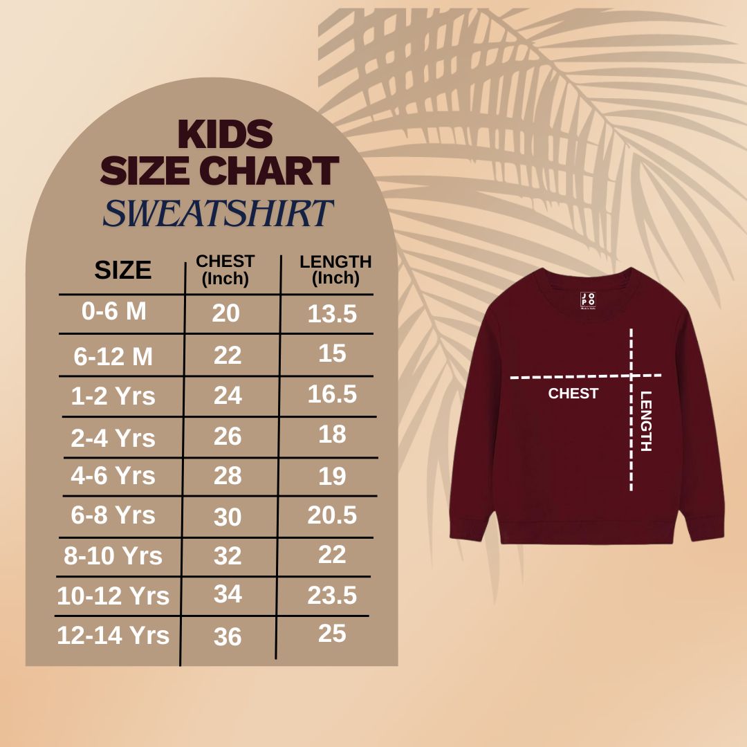 Kids sweatshirt size chart with measurements on a beige background