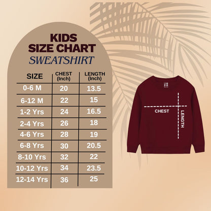 Kids sweatshirt size chart with measurements on a beige background