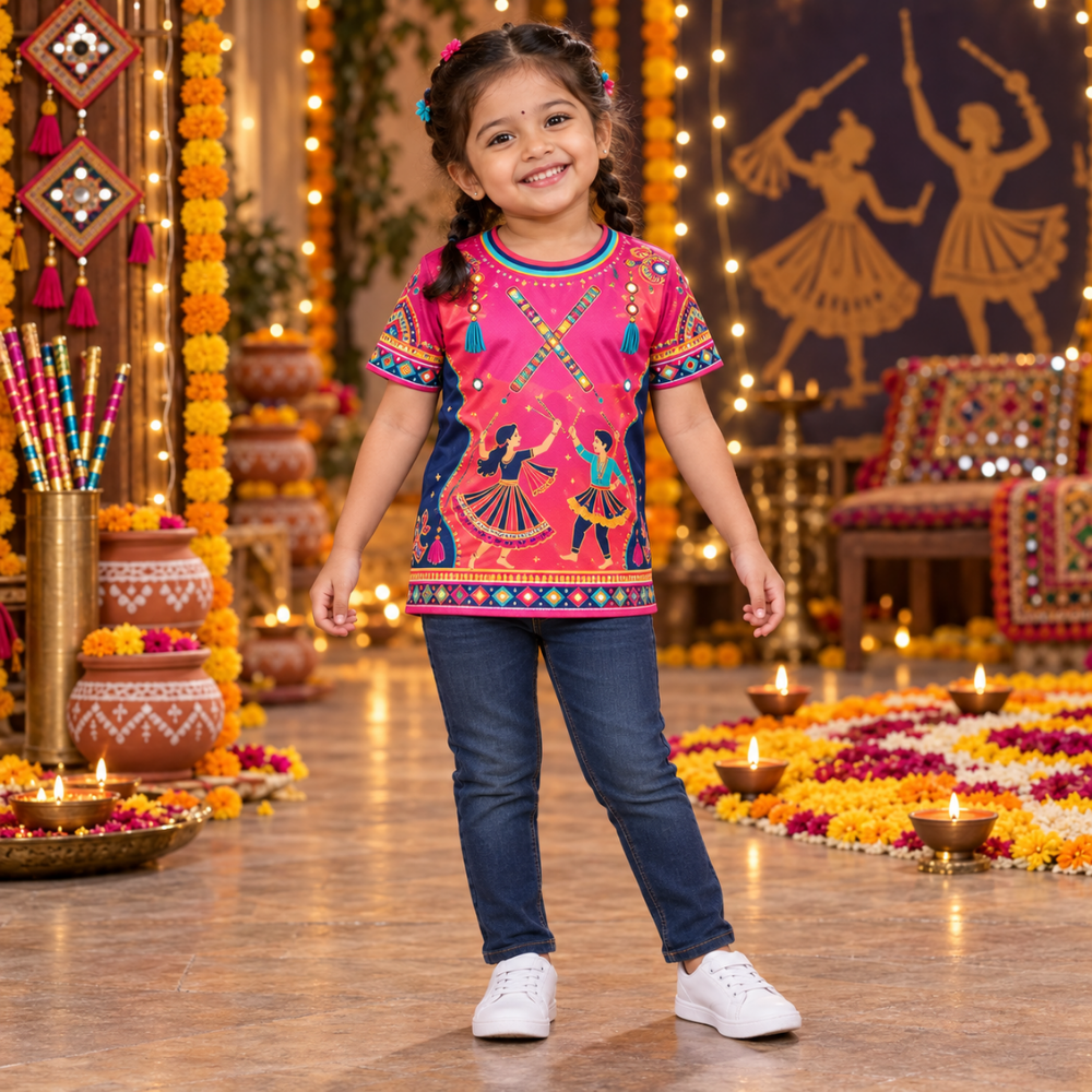 Girls’ Pink Navratri Garba Jersey | Kids’ Dandiya Festive Jersey