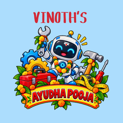 Personalized Ayudha Pooja Kids T-Shirt with Name | Cute Robot Design in Pastel Blue