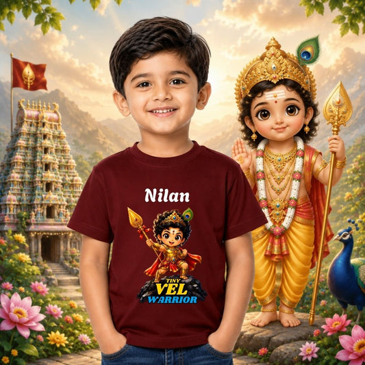 Personalized Tiny Vel Warrior Murugan Kids T-Shirt | Custom Name Tee