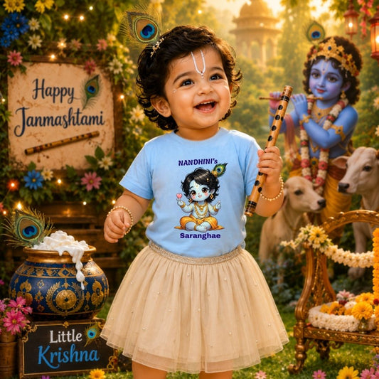My Little Saranghae Krishna Personalized Janmashtami Girls T-Shirt – Custom Name