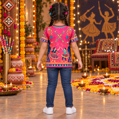 Girls’ Pink Navratri Garba Jersey | Kids’ Dandiya Festive Jersey
