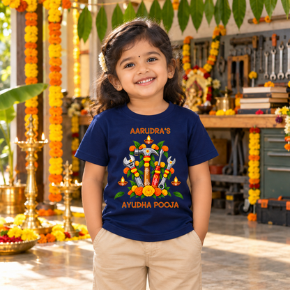 Personalized Ayudha Pooja Kids T-Shirt with Name | Navy Blue Festive Tools Design