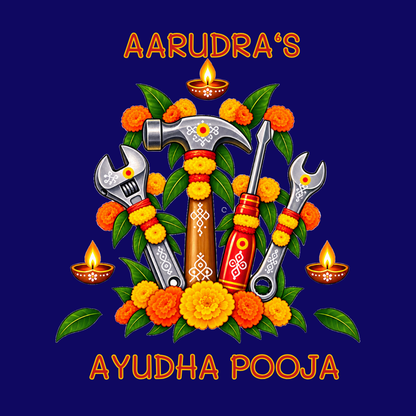 Personalized Ayudha Pooja Kids T-Shirt with Name | Navy Blue Festive Tools Design