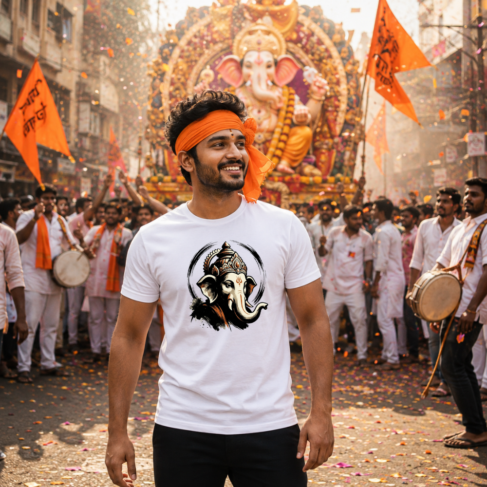 Artistic Lord Ganesha T-Shirt for Men | Ganpati Bappa White Graphic Tee