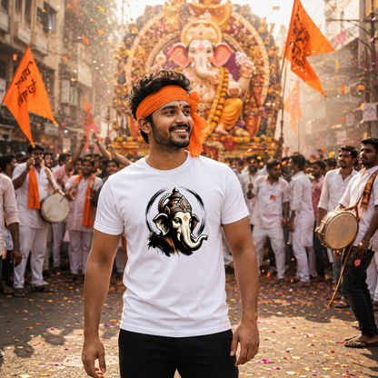 Artistic Lord Ganesha T-Shirt for Men | Ganpati Bappa White Graphic Tee