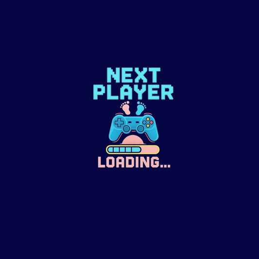 Design with text 'Next Player Loading...' featuring a gaming controller and baby feet on a dark blue background.