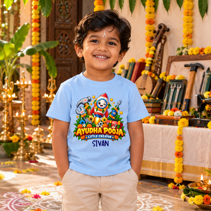 Personalized Ayudha Pooja Little Creator Kids T-Shirt with Name | Pastel Blue Rocket Design