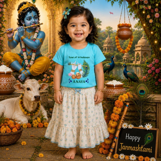 Tune of Vrindavan Personalized Krishna Janmashtami Girls T-Shirt – Custom Name