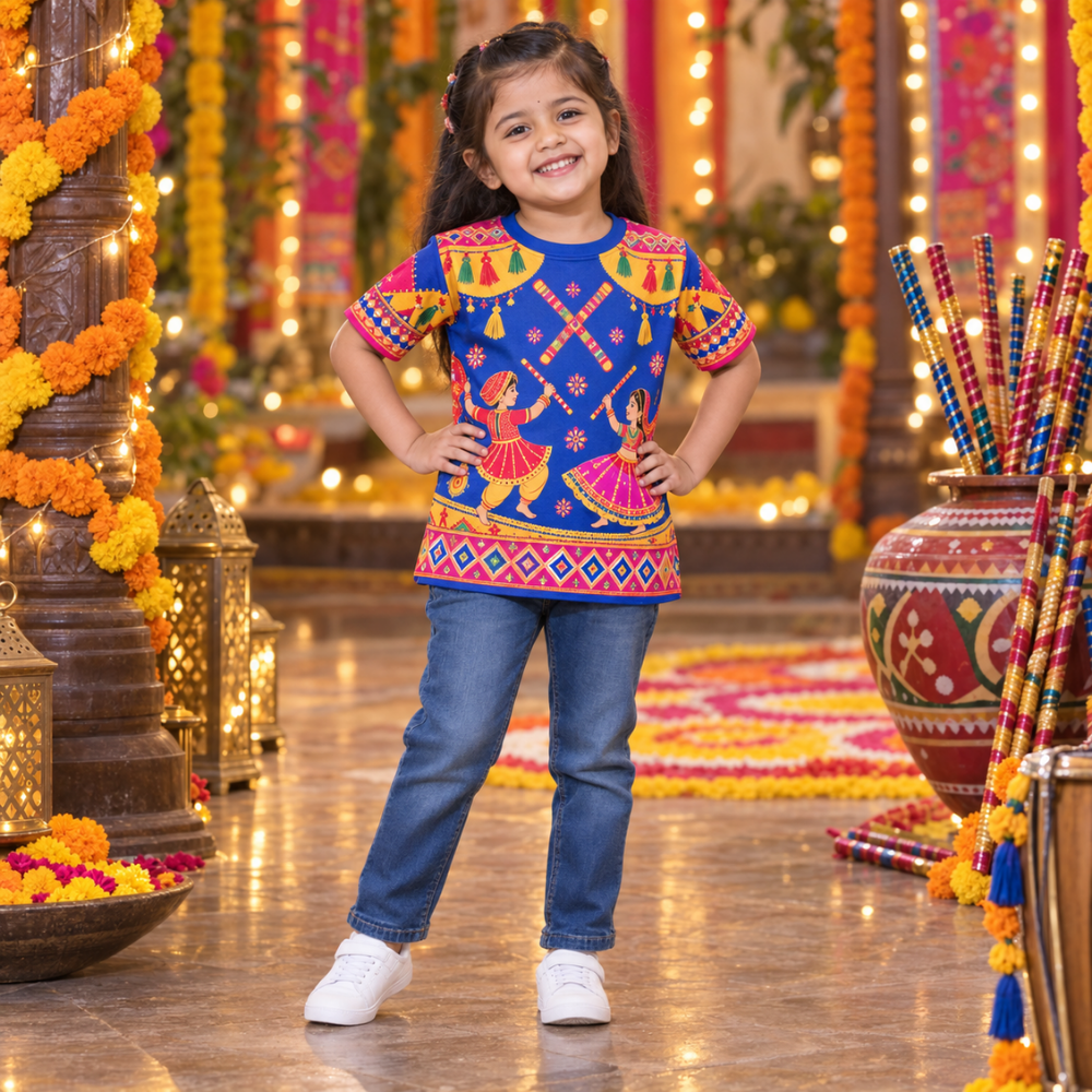 Girls’ Blue Navratri Garba Jersey | Kids’ Dandiya Festive Wear