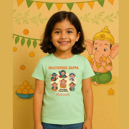 Vinayagar Chathurthi Mintgreen t-shirt with cartoon Multiverse Bappa characters 