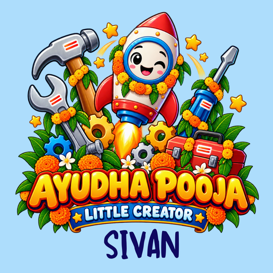 Personalized Ayudha Pooja Little Creator Kids T-Shirt with Name | Pastel Blue Rocket Design