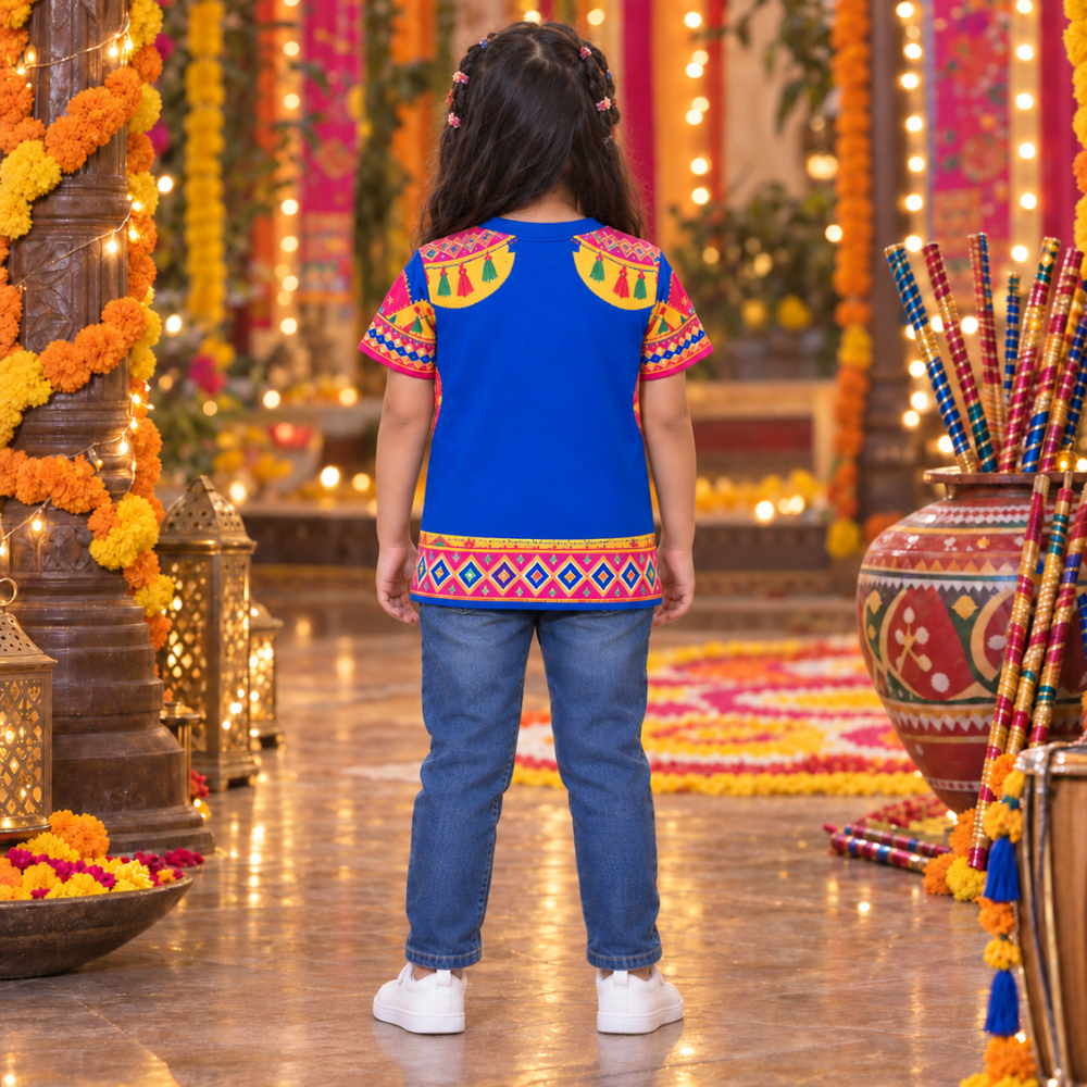 Girls’ Blue Navratri Garba Jersey | Kids’ Dandiya Festive Wear