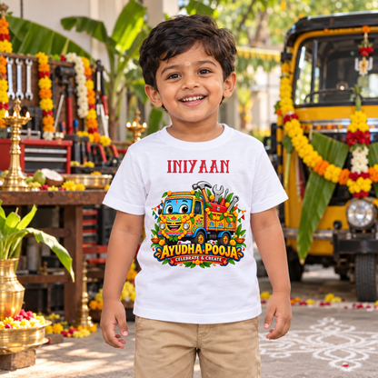Personalized Ayudha Pooja Kids T-Shirt with Name | Colourful Tool Truck White Tee