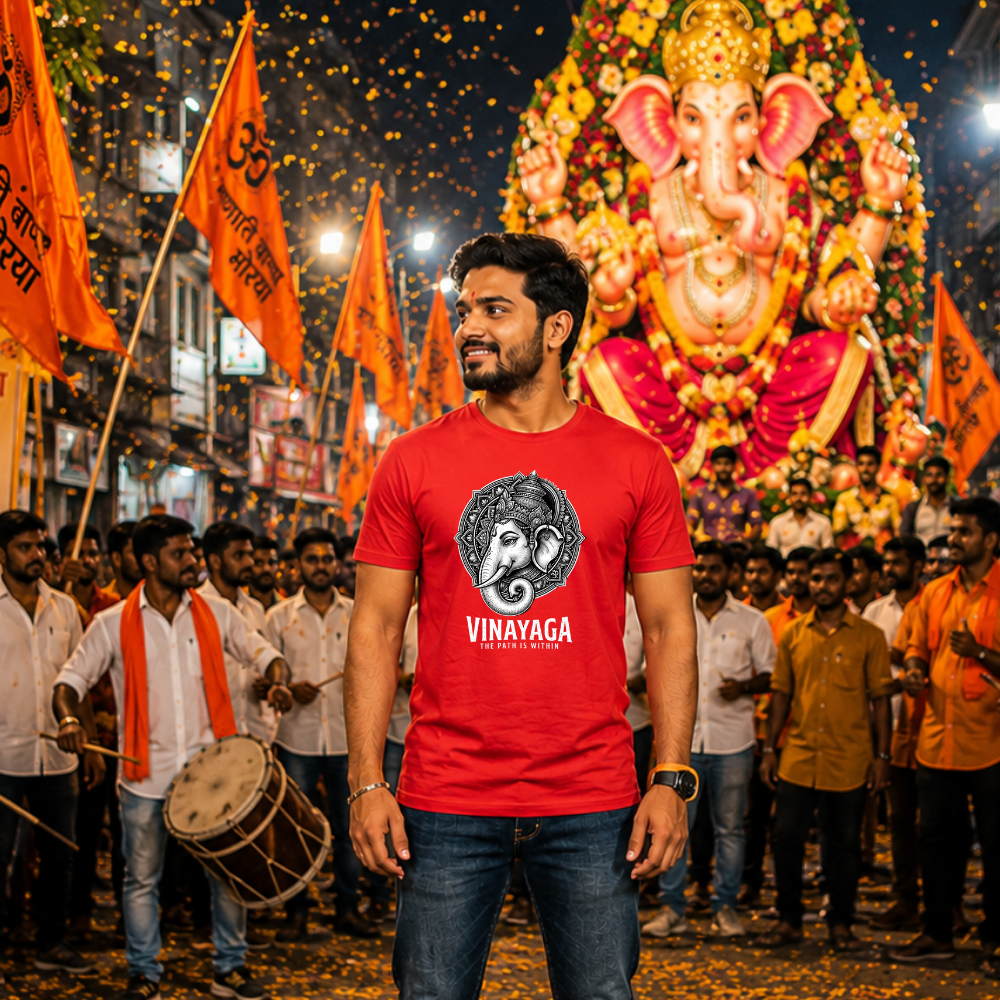 Vinayaga The Path Is Within T-Shirt for Men | Lord Ganesha Red Graphic T-Shirt