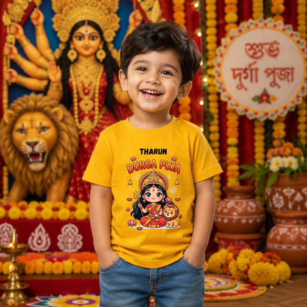 Personalized Durga Puja Kids T-Shirt | Custom Name Yellow Maa Durga Festive Tee