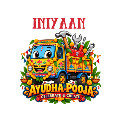 Personalized Ayudha Pooja Kids T-Shirt with Name | Colourful Tool Truck White Tee