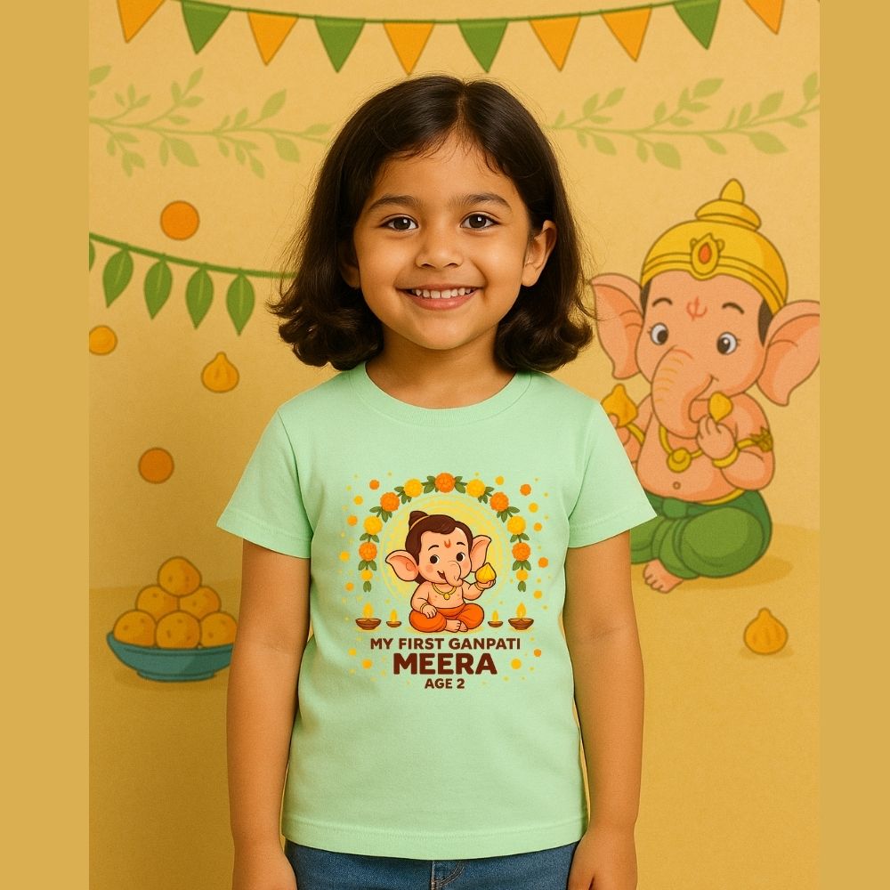 Mintgreen t-shirt with My First Ganpati Text and age 