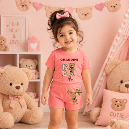 Personalized Teddy Bear Kids Co-Ord Set | Custom Name Cotton T-Shirt & Shorts for Boys & Girls