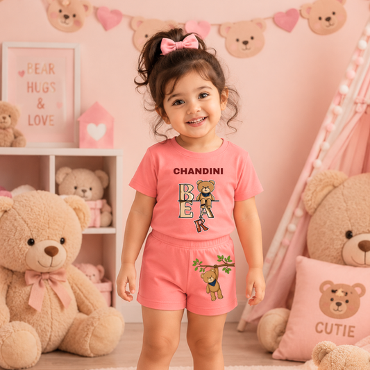 Personalized Teddy Bear Kids Co-Ord Set | Custom Name Cotton T-Shirt & Shorts for Boys & Girls