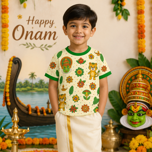 Kids Jersey - Kerala Onam Festival Print with Kathakali, Pulikali Tigers & Floral Motifs