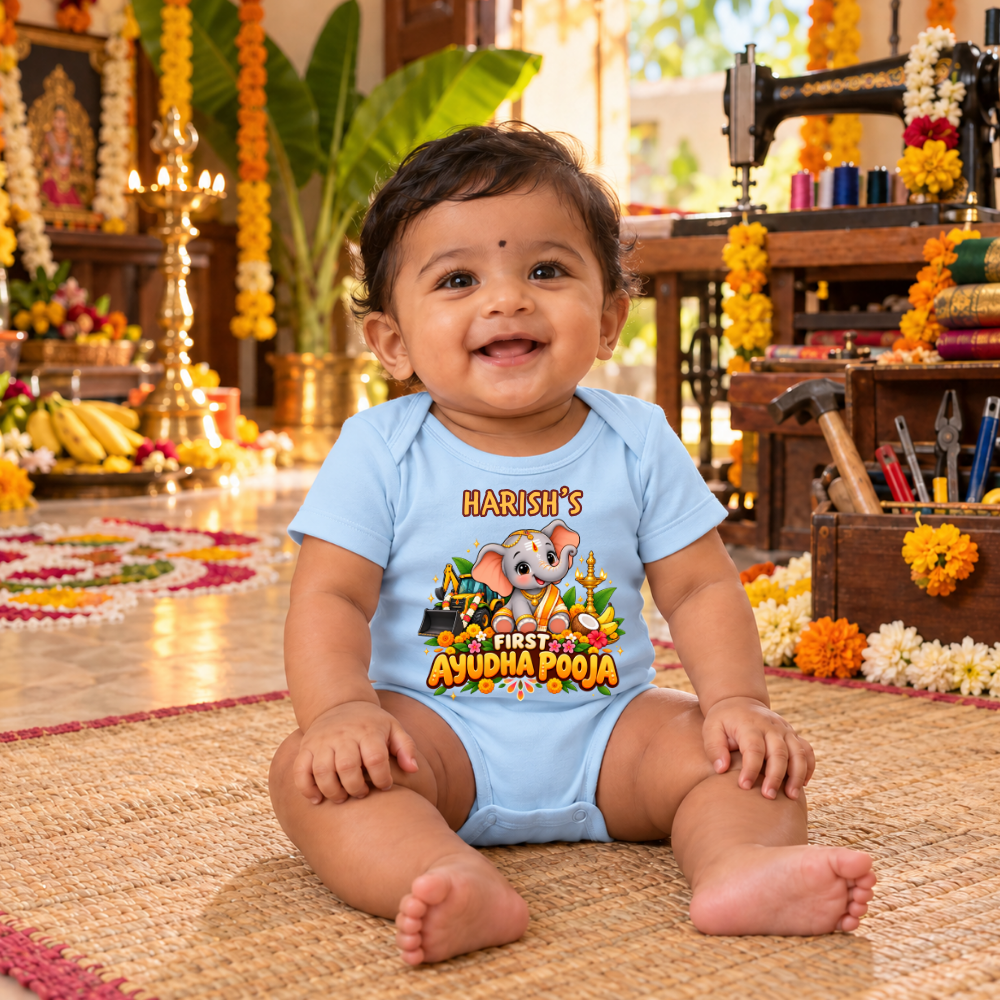 Personalised First Ayudha Pooja Baby Romper – Elephant Design