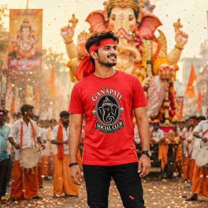 Ganpati Social Club T-Shirt for Men | Lord Ganesha Red Graphic T-Shirt