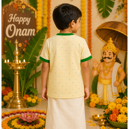 Kids Jersey - Kerala Onam Festival Print with Kathakali, Pulikali Tigers & Floral Motifs