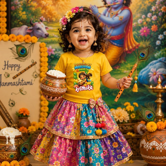 Powered by Makhan & Magic Personalized Krishna Janmashtami Girls T-Shirt – Custom Name