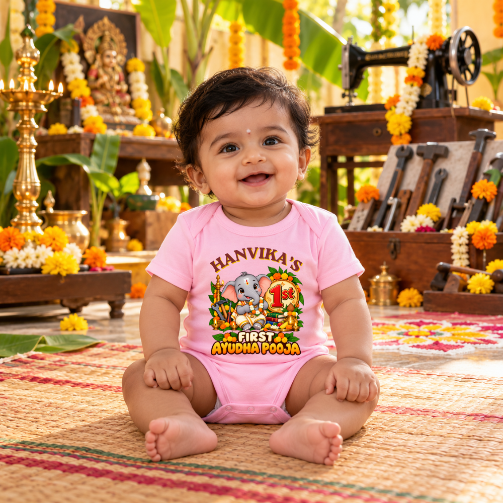 Personalised First Ayudha Pooja Baby Romper – Pink Elephant Design