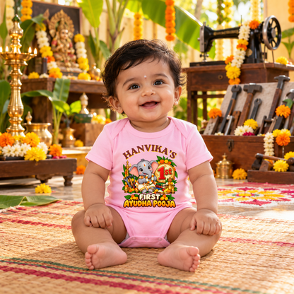 Personalised First Ayudha Pooja Baby Romper – Pink Elephant Design