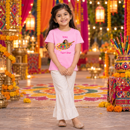Personalized Girls’ Navratri Twirl Star T-Shirt | Pink Garba Design