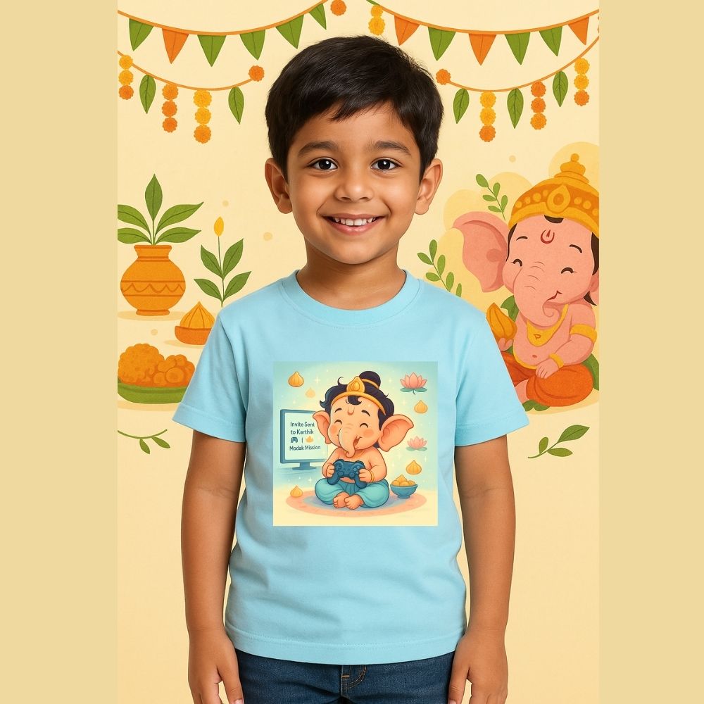 Ganesh Chathurthi Gaming T-Shirt for Kids - Mission Modak Ganpati T-Shirt Joystick Edition