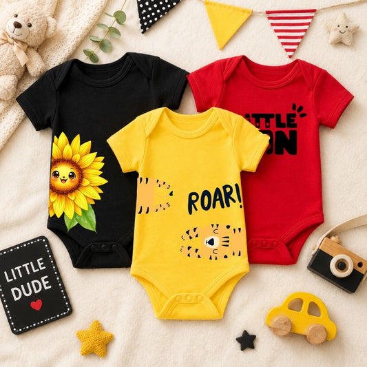 Cute Animal & Typography Baby Rompers |3pcs combo pack for Newborns, Infants & Toddlers
